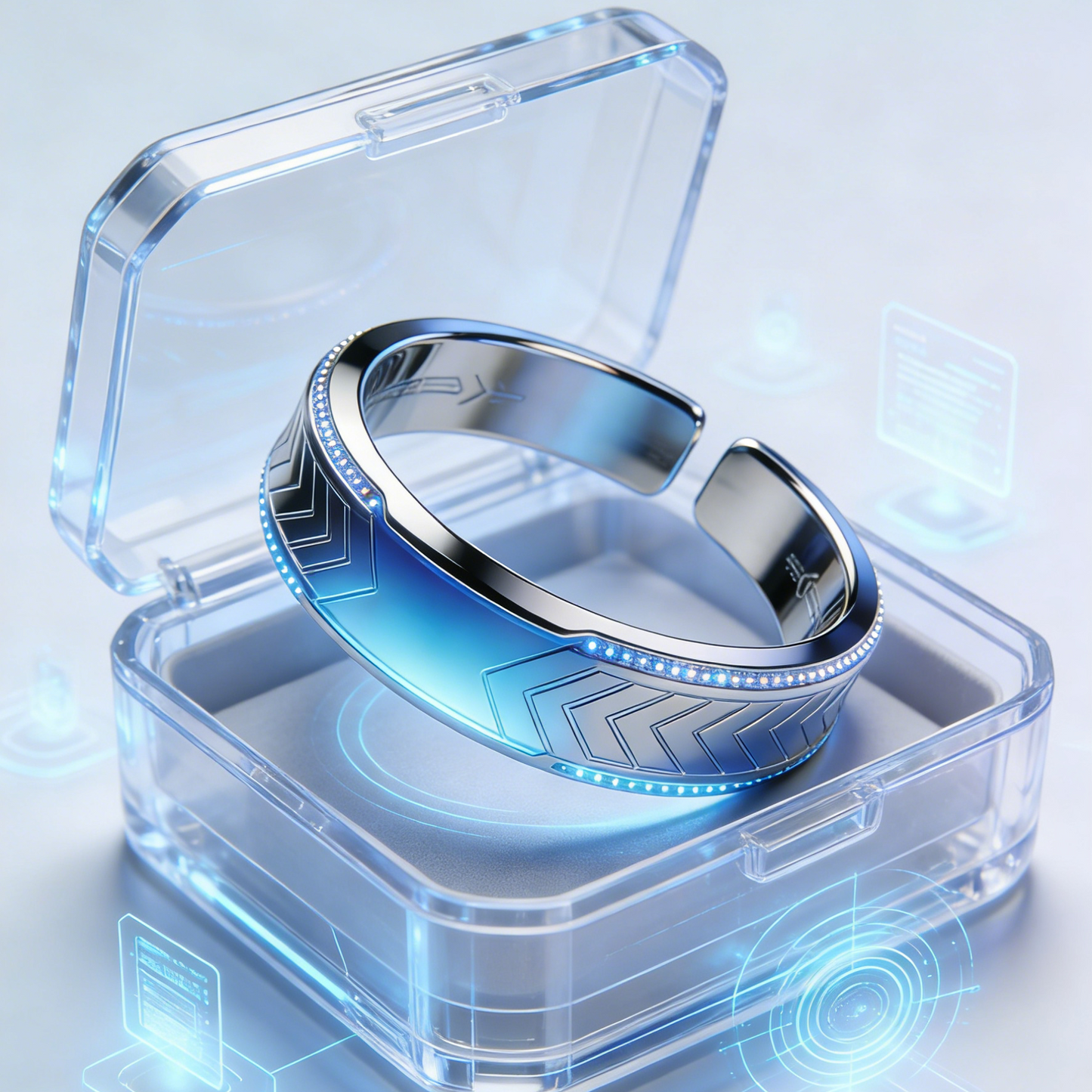 Cybernetic Chevron Cuff Bracelet – Futuristic Blue Gradient Tech Jewelry