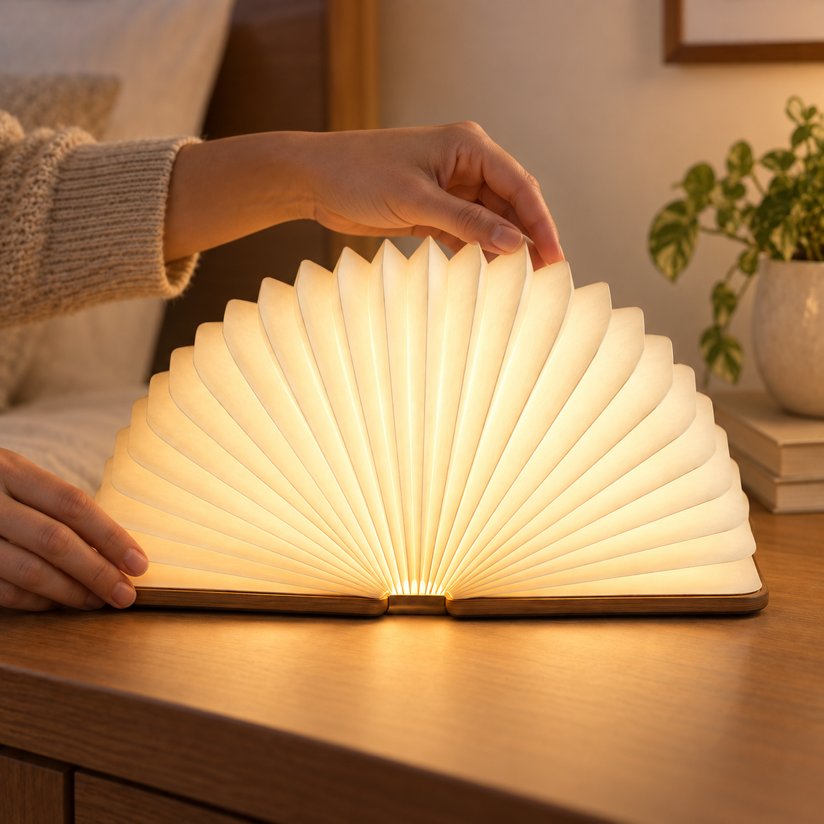 Faltbare Fächerlampe mit Holzsockel – Dekorative Ambienteleuchte im modernen Buchdesign