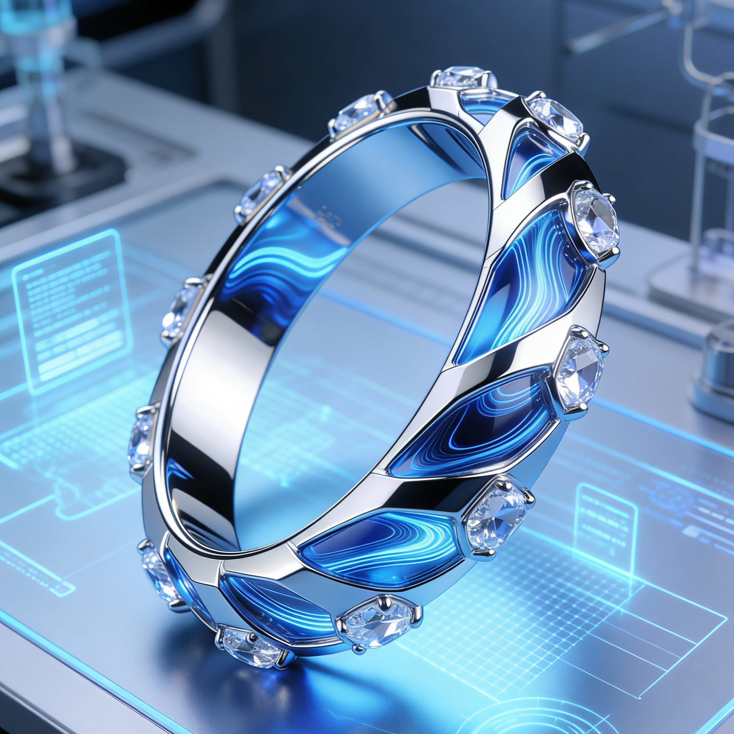 Cosmic Wave Crystal Bangle – Futuristic Blue Swirl & Clear Gemstone Jewelry