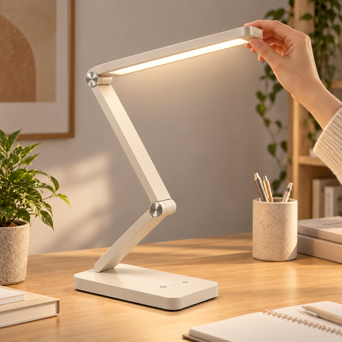 Verstellbare LED-Schreibtischlampe in Cremeweiß – Moderne Arbeitsleuchte mit Touch-Bedienung für Homeoffice & Lesen