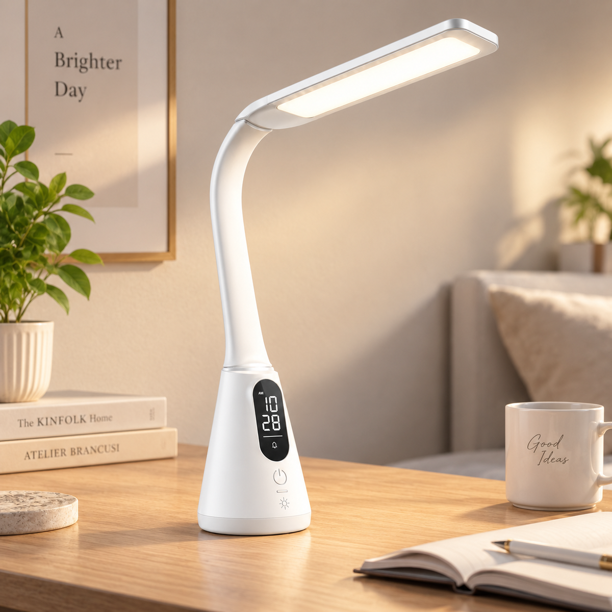Moderne LED-Schreibtischlampe mit Digitaluhr – Flexible Tischleuchte mit Display und Touch-Bedienung