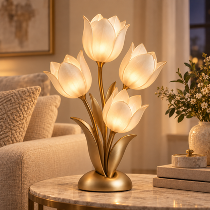 Dekorative LED-Tulpen-Tischleuchte in Goldoptik – Florale Ambientelampe mit vier Leuchtblüten