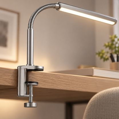 Silberne LED-Klemmleuchte mit flexiblem Schwanenhals – Platzsparende Schreibtischlampe für Homeoffice, Lesen und Lernen