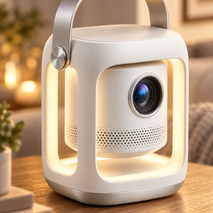 Tragbarer Mini-Projektor mit Ambientelicht – Moderner Beamer mit Tragegriff für Wohn- und Schlafzimmer