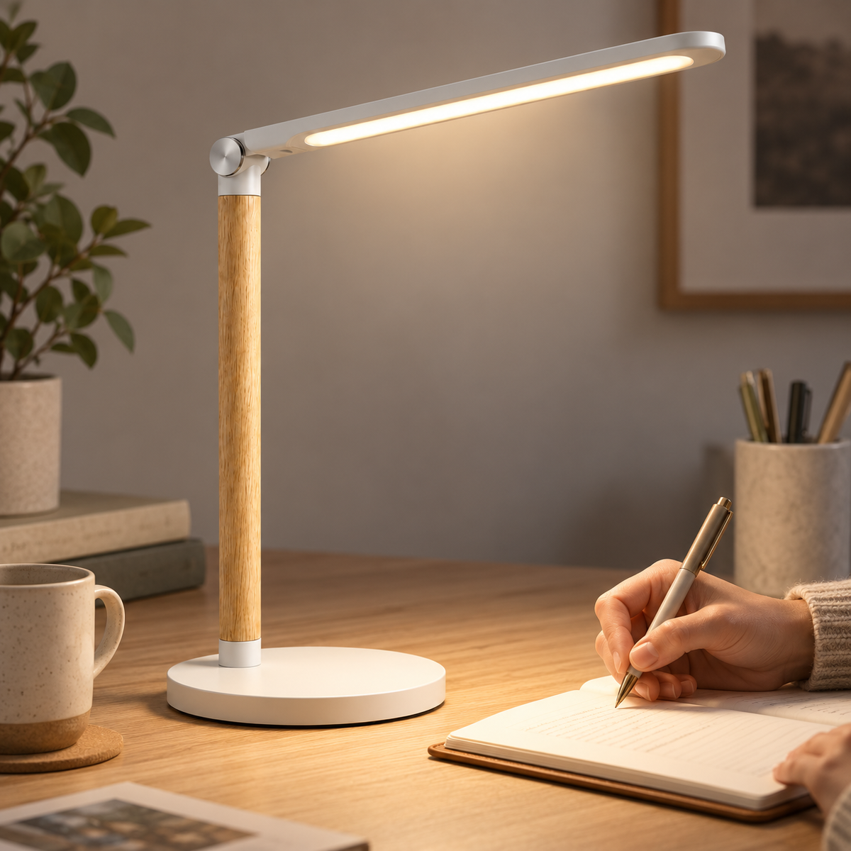 Minimalistische LED-Schreibtischlampe mit Holzoptik – Moderne Arbeitsleuchte für Homeoffice, Lesen und Lernen