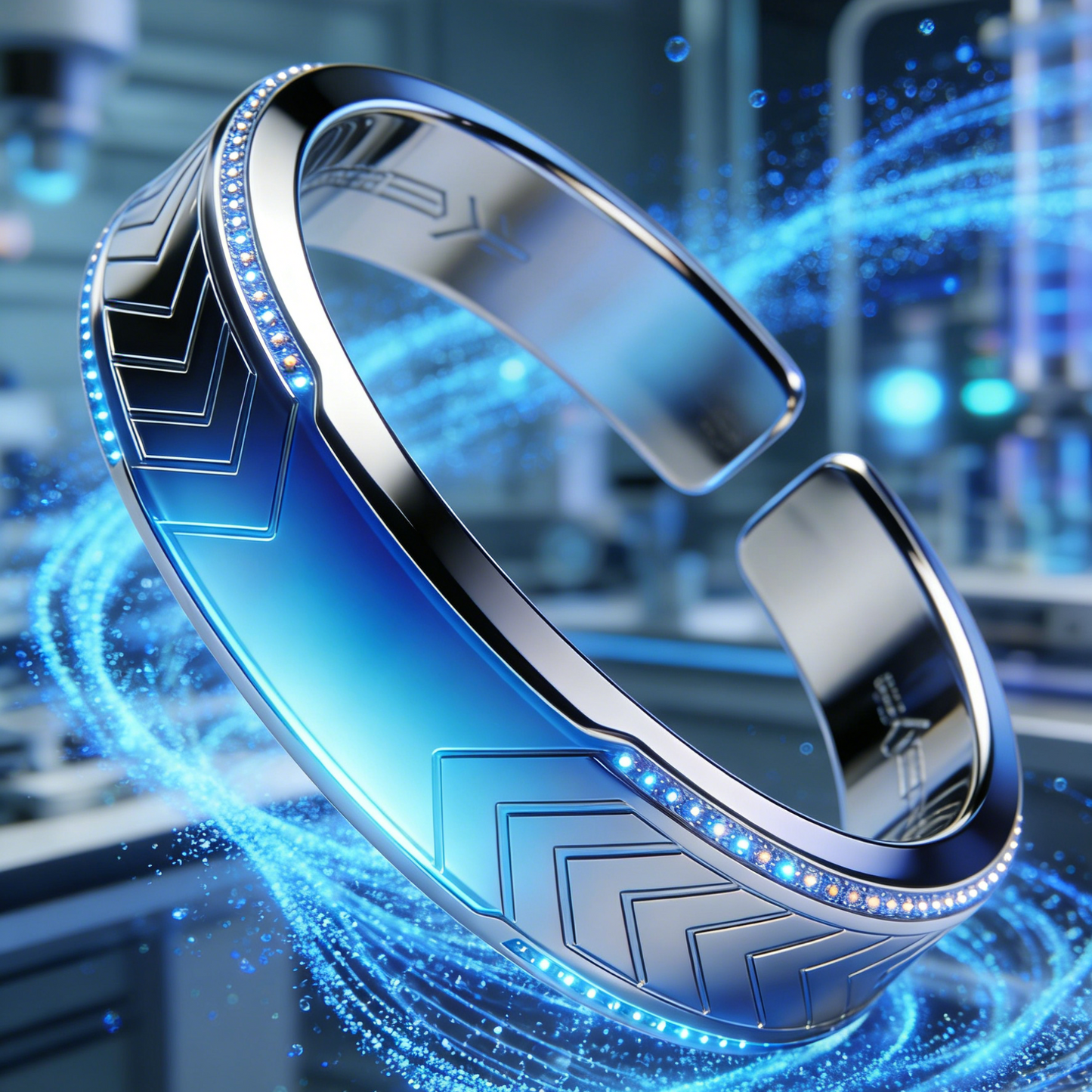 Cybernetic Chevron Cuff Bracelet – Futuristic Blue Gradient Tech Jewelry