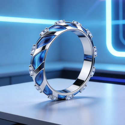 Cosmic Wave Crystal Bangle – Futuristic Blue Swirl & Clear Gemstone Jewelry