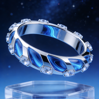 Cosmic Wave Crystal Bangle – Futuristic Blue Swirl & Clear Gemstone Jewelry