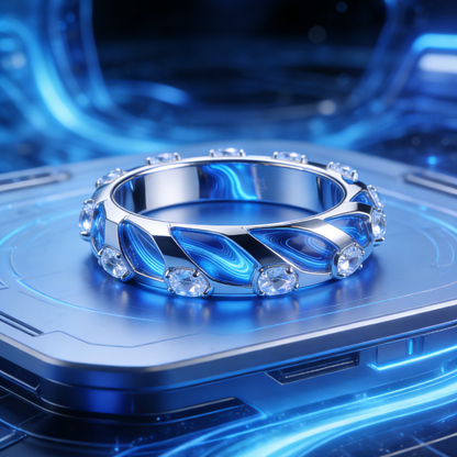 Cosmic Wave Crystal Bangle – Futuristic Blue Swirl & Clear Gemstone Jewelry