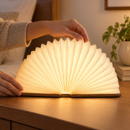 Faltbare Fächerlampe mit Holzsockel – Dekorative Ambienteleuchte im modernen Buchdesign