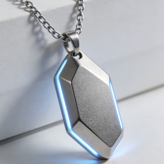 Cyber Core Geometric Pendant Necklace – Futuristic Blue Accent Silver Chain Jewelry
