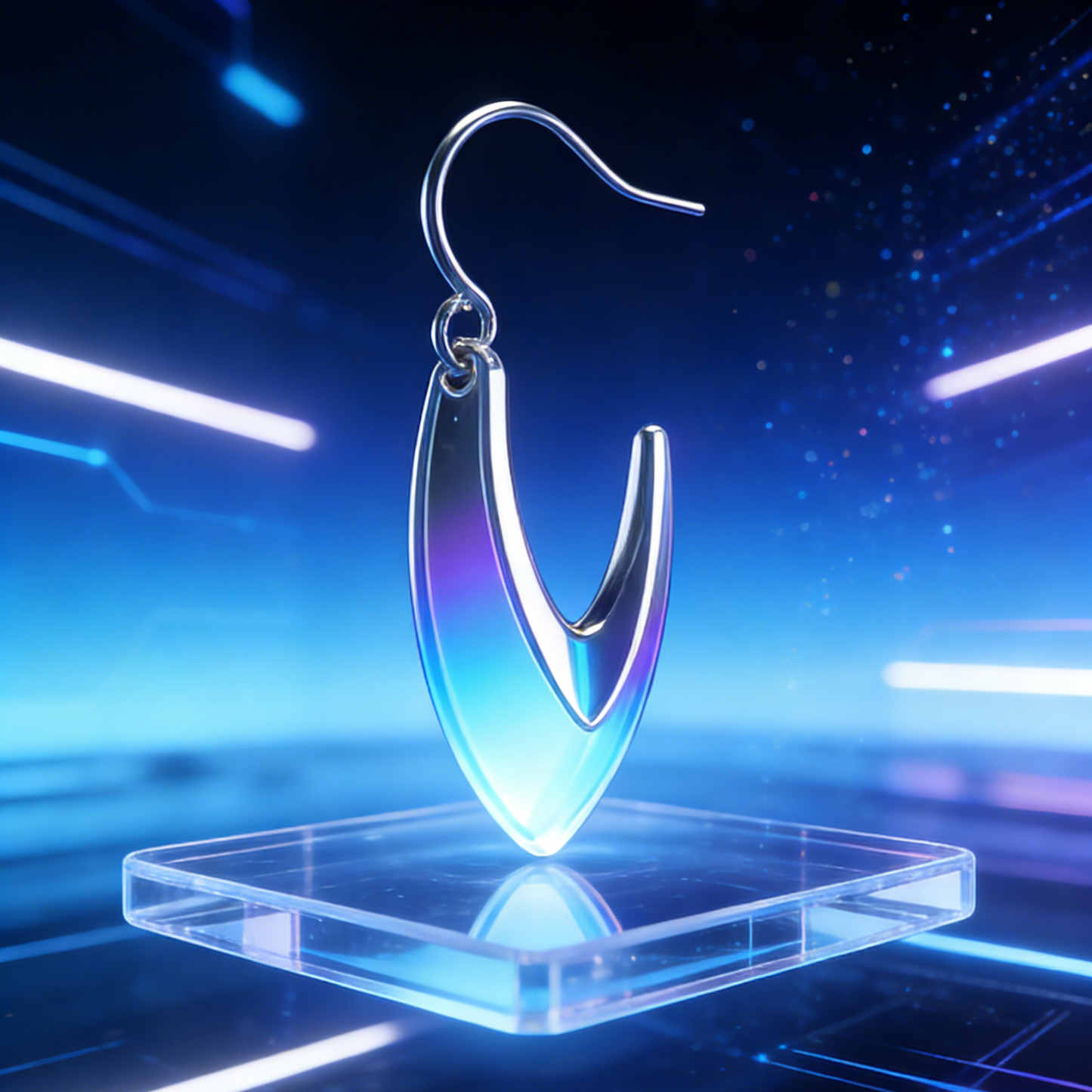 Futuristic Cold Moon V-Hook Drop Earrings – Cyberpunk Iridescent Blue-Purple Gradient Jewelry