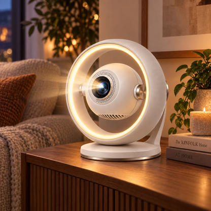 Moderner Mini-Projektor mit Ringlicht – Kompakter Heimkino-Beamer mit dekorativer Ambientebeleuchtung