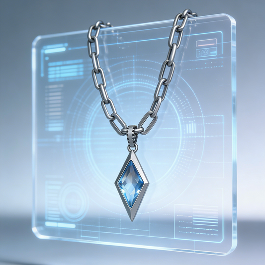 Cybernetic Blue Crystal Pendant Necklace – Futuristic Matte Silver Chain Jewelry