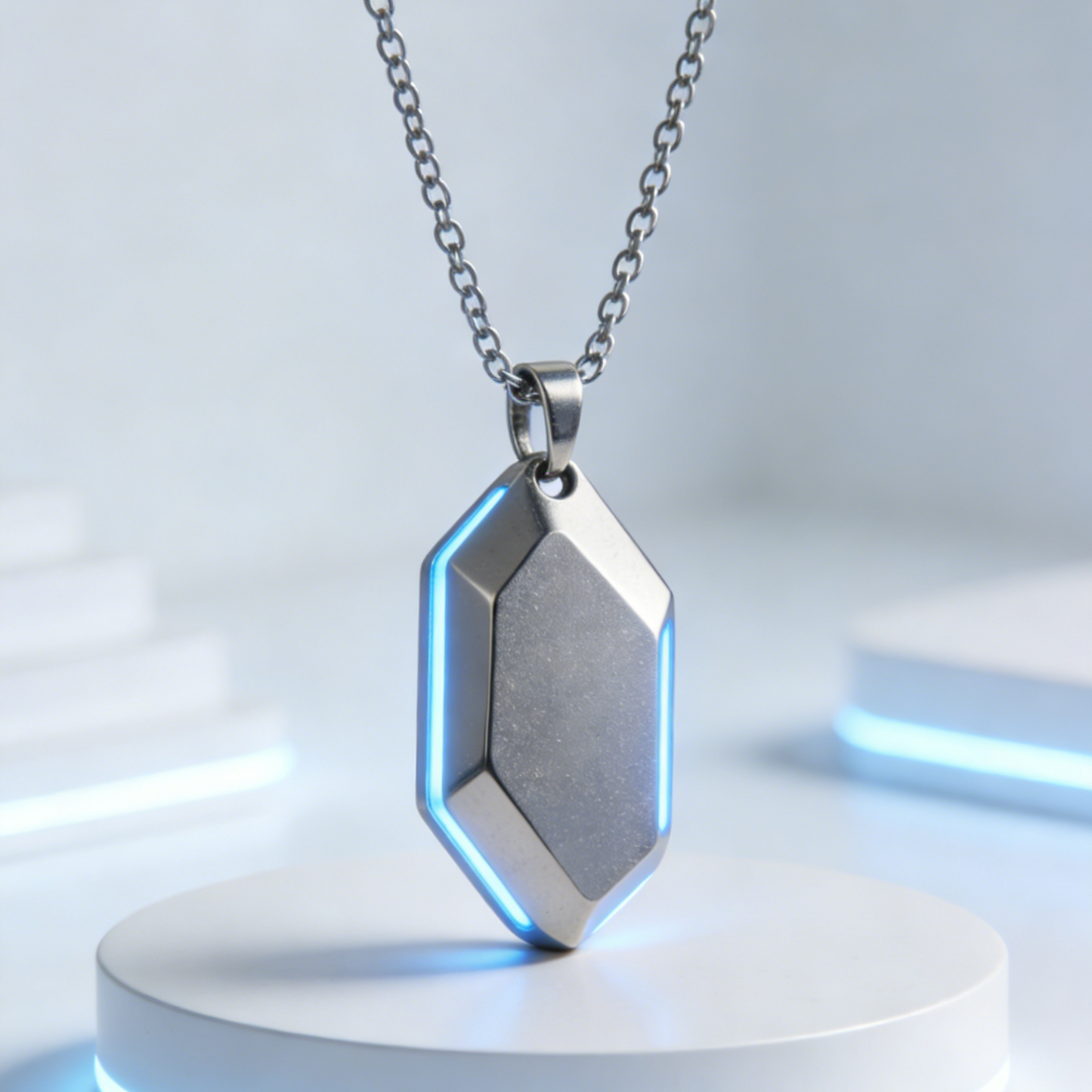 Cyber Core Geometric Pendant Necklace – Futuristic Blue Accent Silver Chain Jewelry