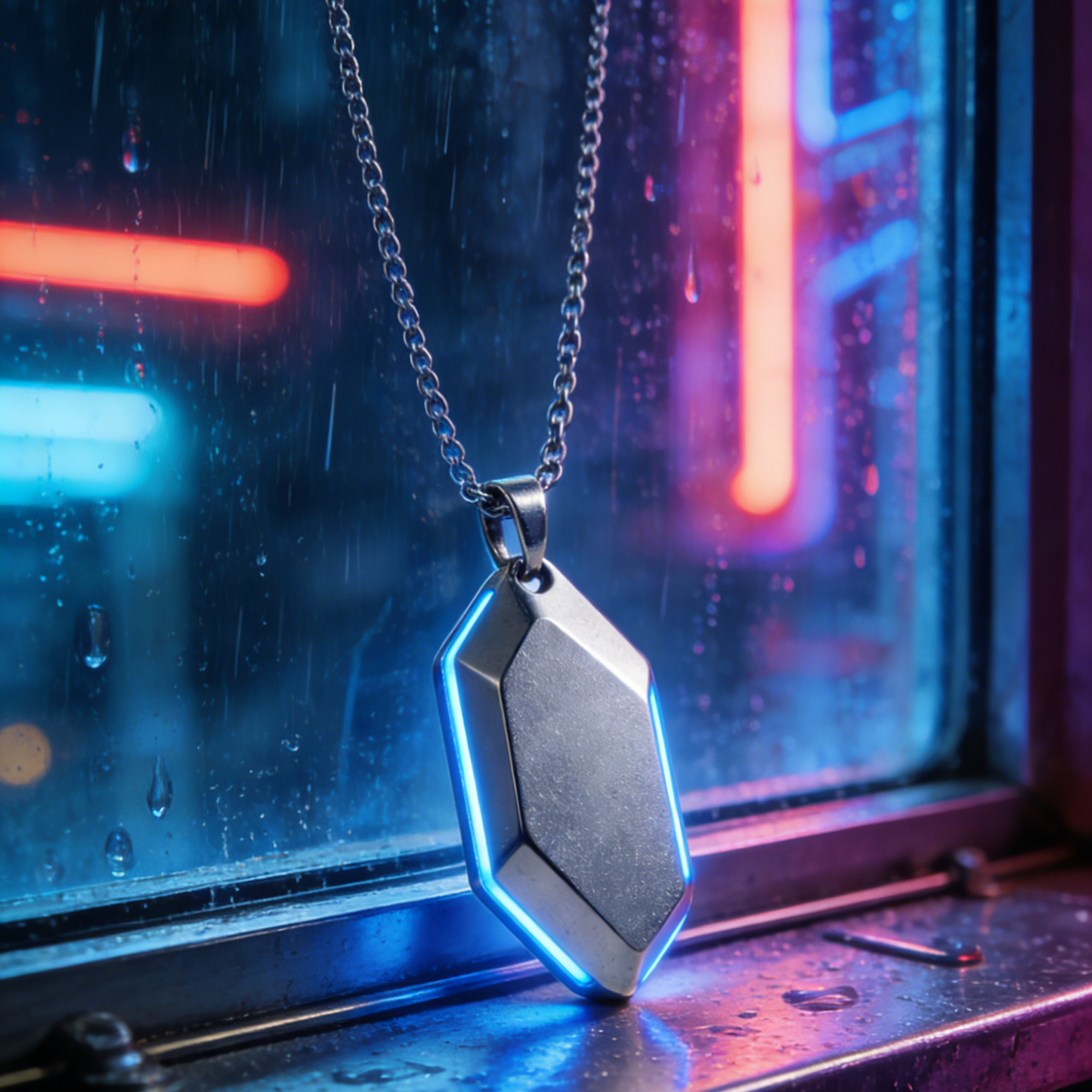 Cyber Core Geometric Pendant Necklace – Futuristic Blue Accent Silver Chain Jewelry