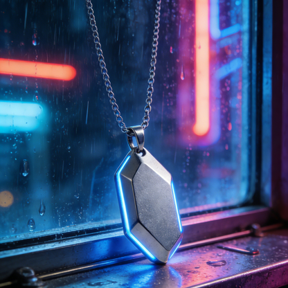 Cyber Core Geometric Pendant Necklace – Futuristic Blue Accent Silver Chain Jewelry