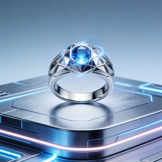 Arcane Core Geometric Ring – Futuristic Blue Crystal & Silver Tech Jewelry