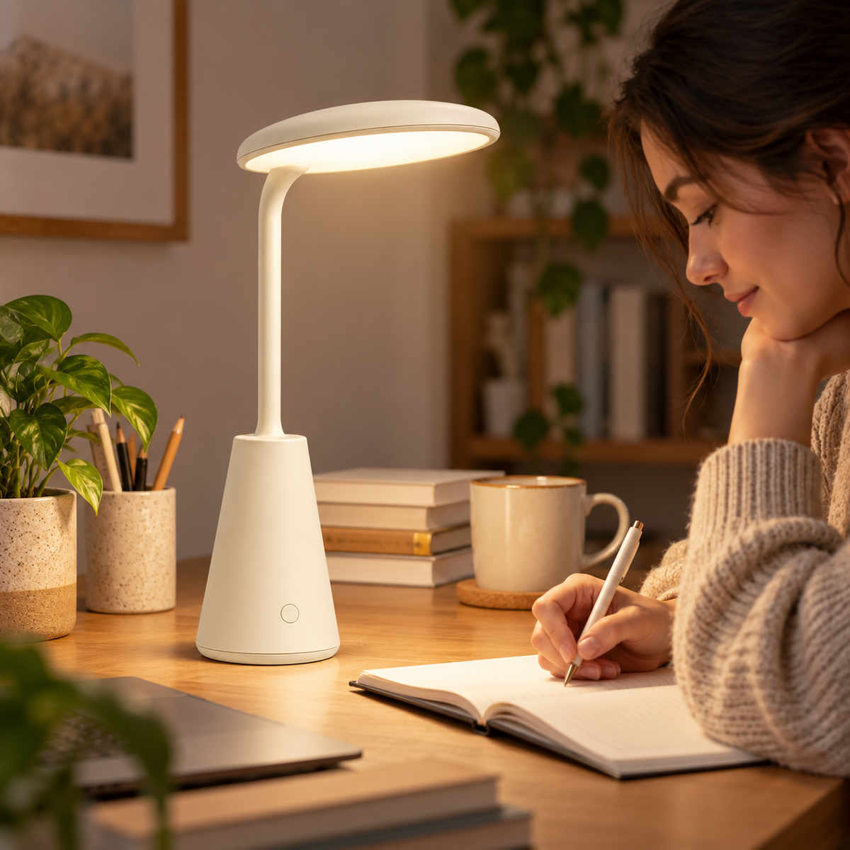 Cremeweiße LED-Tischlampe mit ovalem Leuchtenkopf – Minimalistische Ambientebeleuchtung für Schreibtisch, Nachttisch &amp; Zuhause