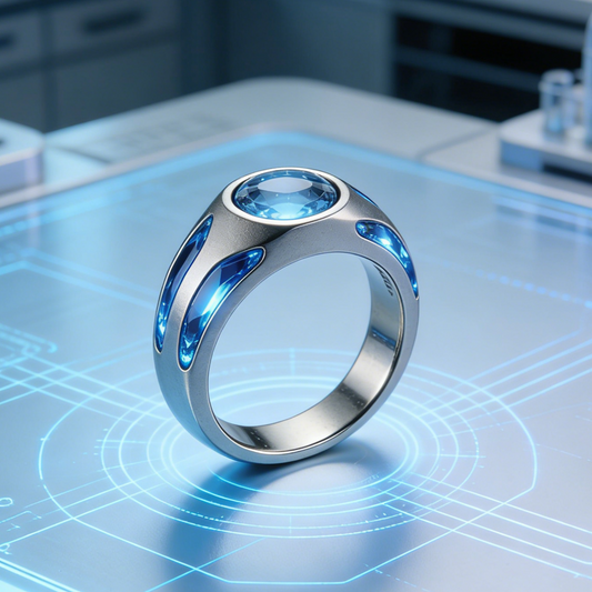 Lab Core Blue Crystal Tech Ring – Futuristic Silver Cybernetic Jewelry