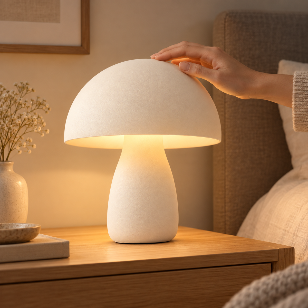 Pilzförmige LED-Tischleuchte in Cremeweiß – Minimalistisches Nachtlicht mit warmem Ambientelicht