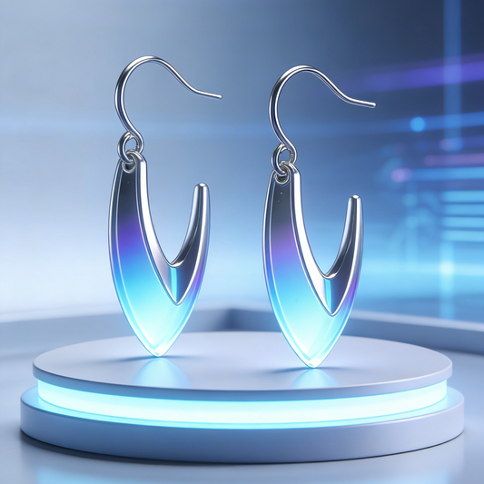 Futuristic Cold Moon V-Hook Drop Earrings – Cyberpunk Iridescent Blue-Purple Gradient Jewelry