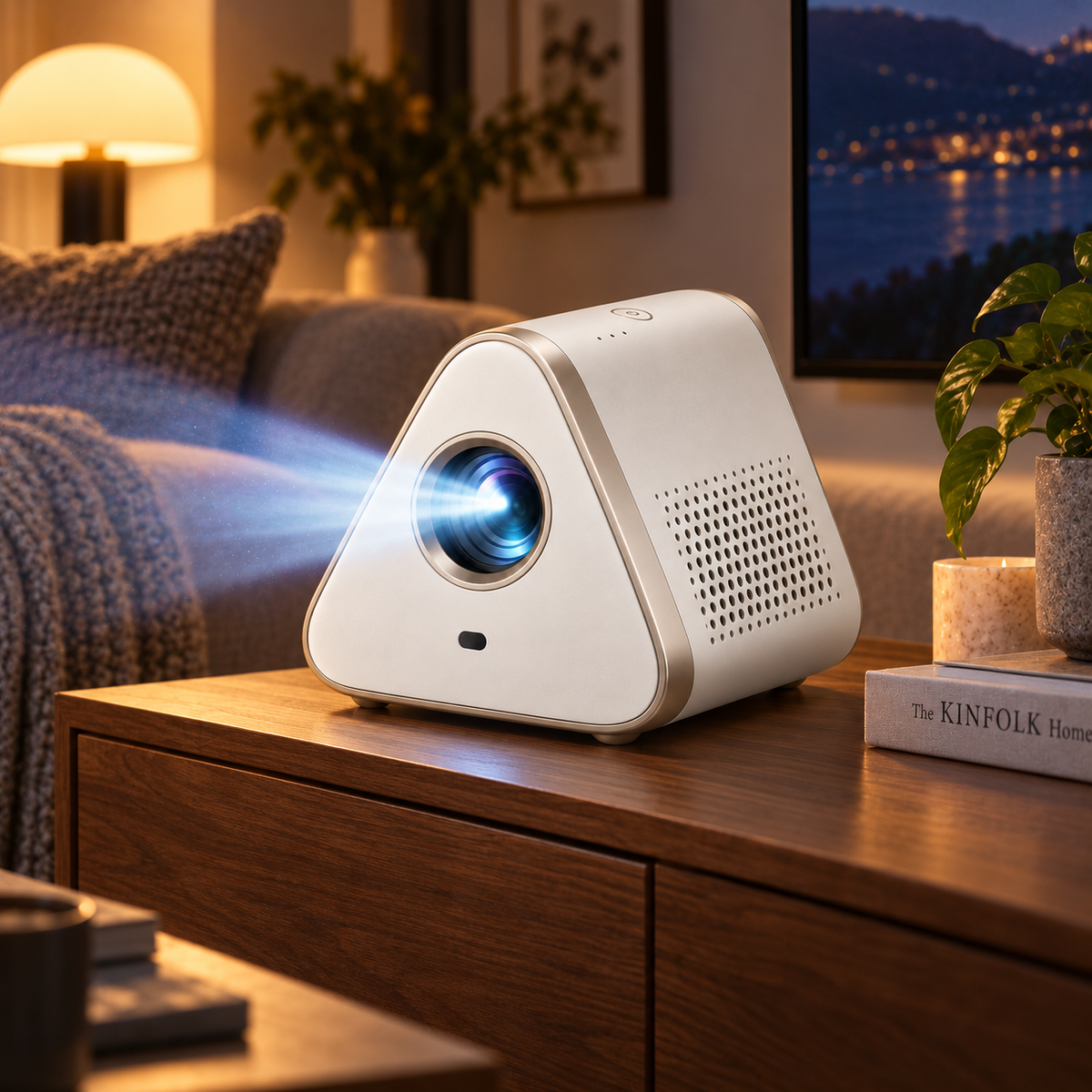 Kompakter Heimkino-Projektor in Dreiecksform – Moderner Mini-Beamer für Wohnzimmer, Schlafzimmer und Filmabende