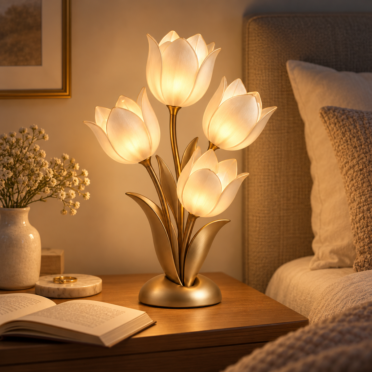 Dekorative LED-Tulpen-Tischleuchte in Goldoptik – Florale Ambientelampe mit vier Leuchtblüten