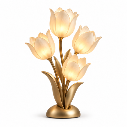 Dekorative LED-Tulpen-Tischleuchte in Goldoptik – Florale Ambientelampe mit vier Leuchtblüten