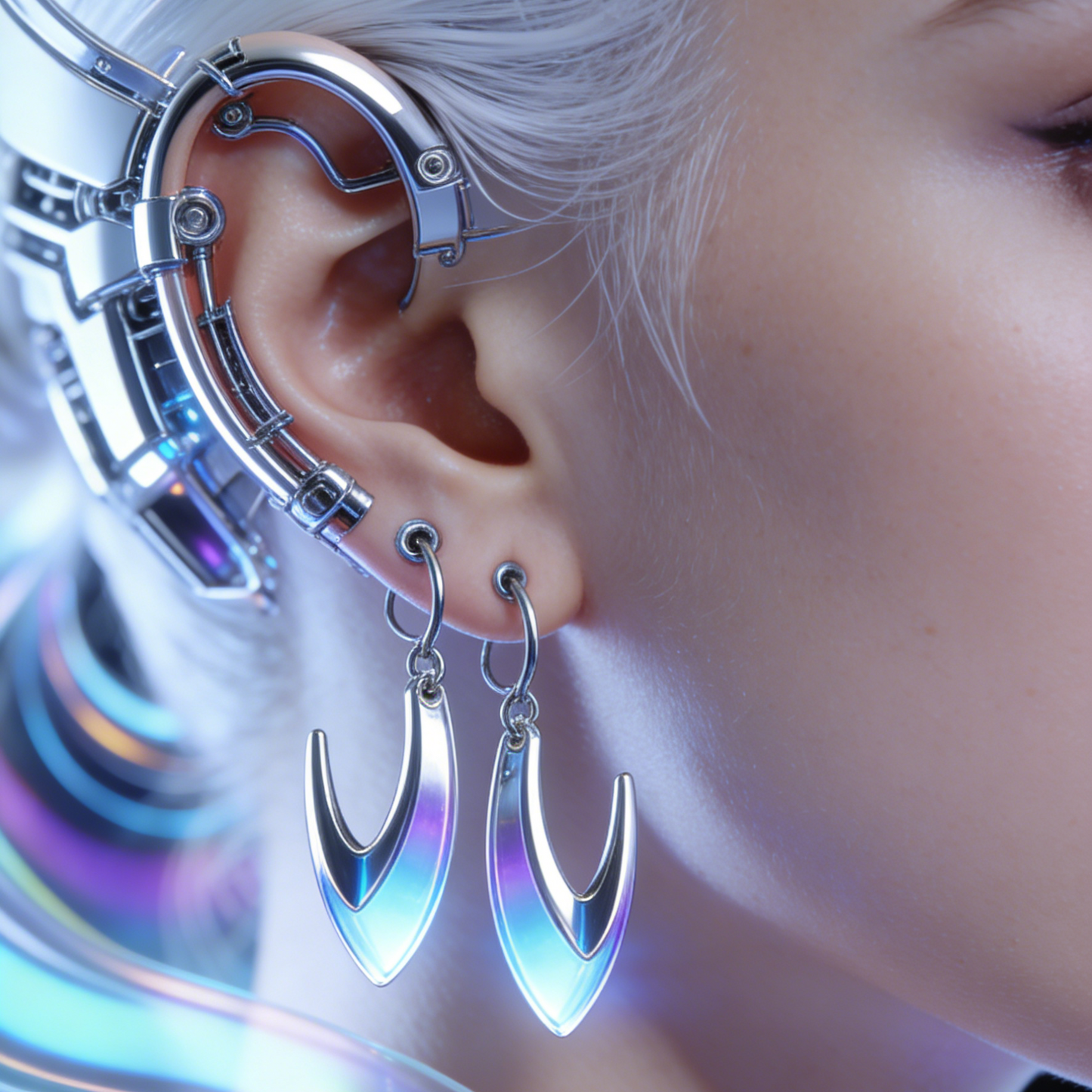 Futuristic Cold Moon V-Hook Drop Earrings – Cyberpunk Iridescent Blue-Purple Gradient Jewelry