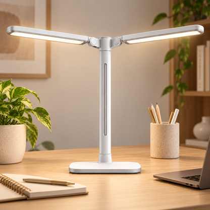 Doppelkopf LED-Schreibtischlampe in Weiß – Breite Arbeitsleuchte mit verstellbaren Lichtarmen für Homeoffice &amp; Lernen
