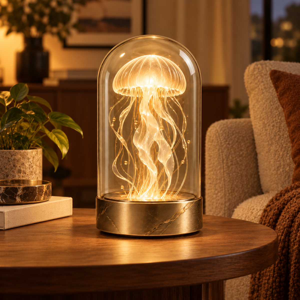 Dekorative Quallen-Lampe unter Glas – Elegante Ambientebeleuchtung mit warmem Licht für Wohnzimmer und Schlafzimmer