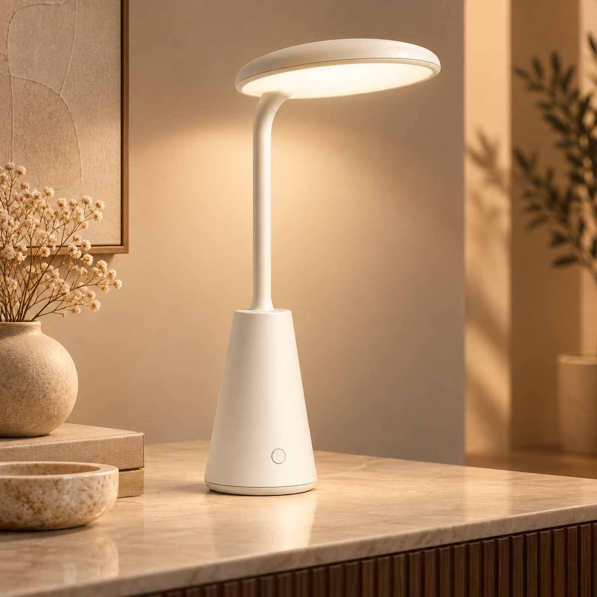 Cremeweiße LED-Tischlampe mit ovalem Leuchtenkopf – Minimalistische Ambientebeleuchtung für Schreibtisch, Nachttisch &amp; Zuhause