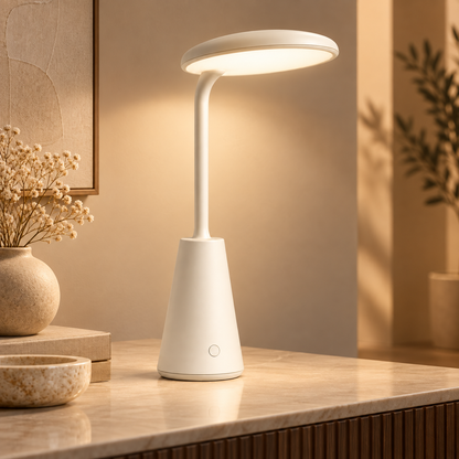 Cremeweiße LED-Tischlampe mit ovalem Leuchtenkopf – Minimalistische Ambientebeleuchtung für Schreibtisch, Nachttisch &amp; Zuhause