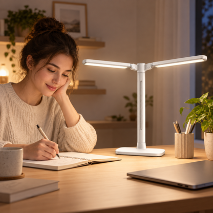 Doppelkopf LED-Schreibtischlampe in Weiß – Breite Arbeitsleuchte mit verstellbaren Lichtarmen für Homeoffice &amp; Lernen