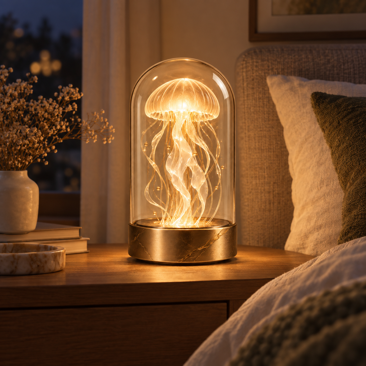 Dekorative Quallen-Lampe unter Glas – Elegante Ambientebeleuchtung mit warmem Licht für Wohnzimmer und Schlafzimmer