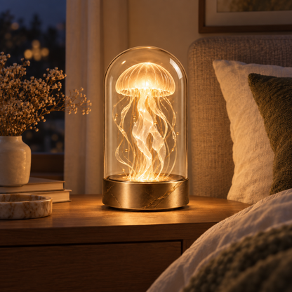 Dekorative Quallen-Lampe unter Glas – Elegante Ambientebeleuchtung mit warmem Licht für Wohnzimmer und Schlafzimmer