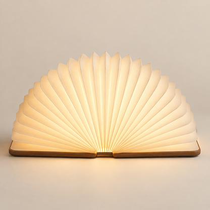 Faltbare Fächerlampe mit Holzsockel – Dekorative Ambienteleuchte im modernen Buchdesign