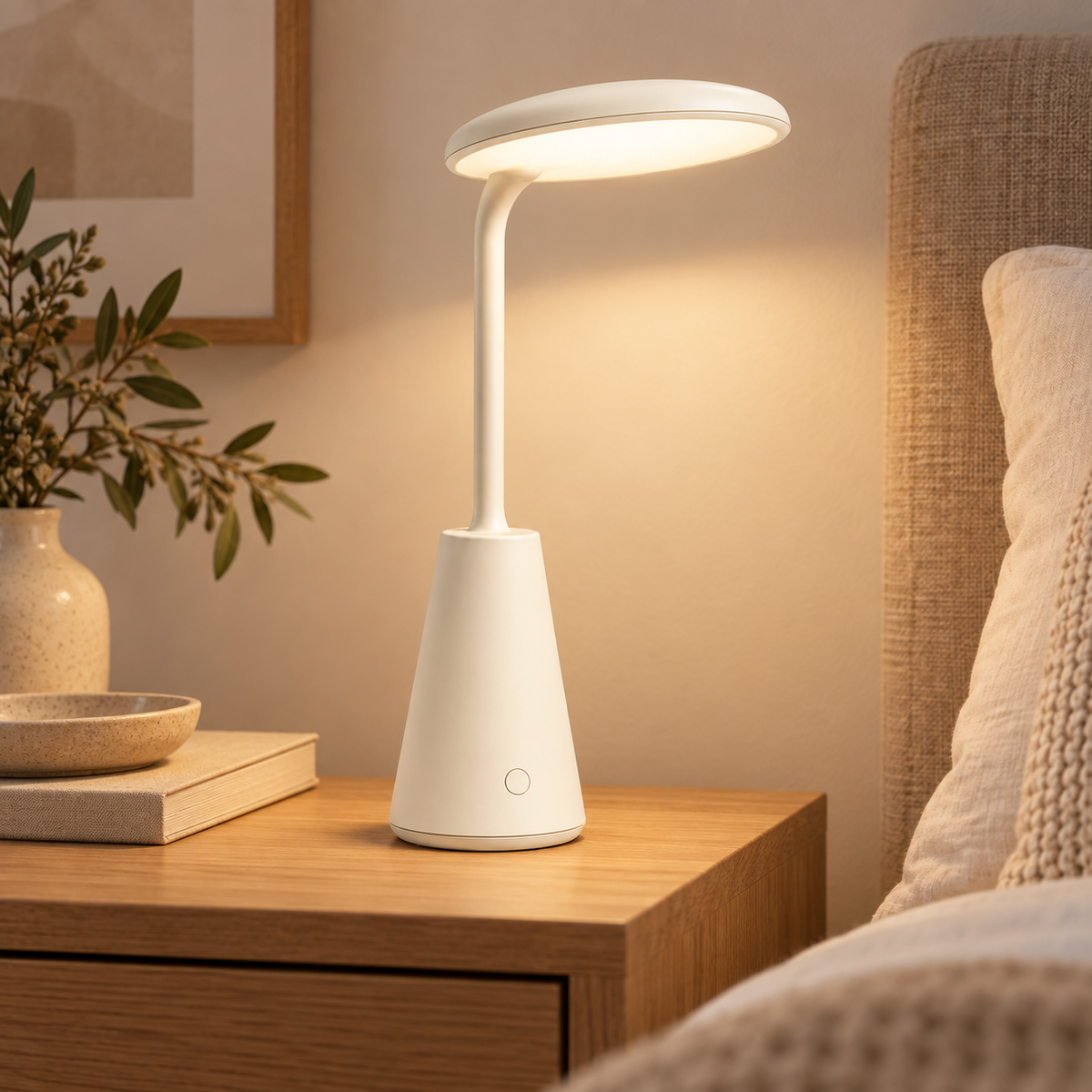 Cremeweiße LED-Tischlampe mit ovalem Leuchtenkopf – Minimalistische Ambientebeleuchtung für Schreibtisch, Nachttisch &amp; Zuhause