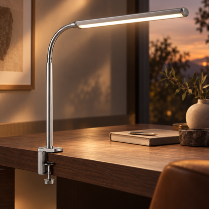 Silberne LED-Klemmleuchte mit flexiblem Schwanenhals – Platzsparende Schreibtischlampe für Homeoffice, Lesen und Lernen