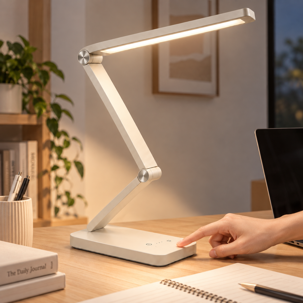 Verstellbare LED-Schreibtischlampe in Cremeweiß – Moderne Arbeitsleuchte mit Touch-Bedienung für Homeoffice &amp; Lesen