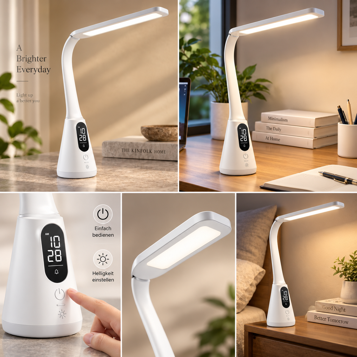 Moderne LED-Schreibtischlampe mit Digitaluhr – Flexible Tischleuchte mit Display und Touch-Bedienung