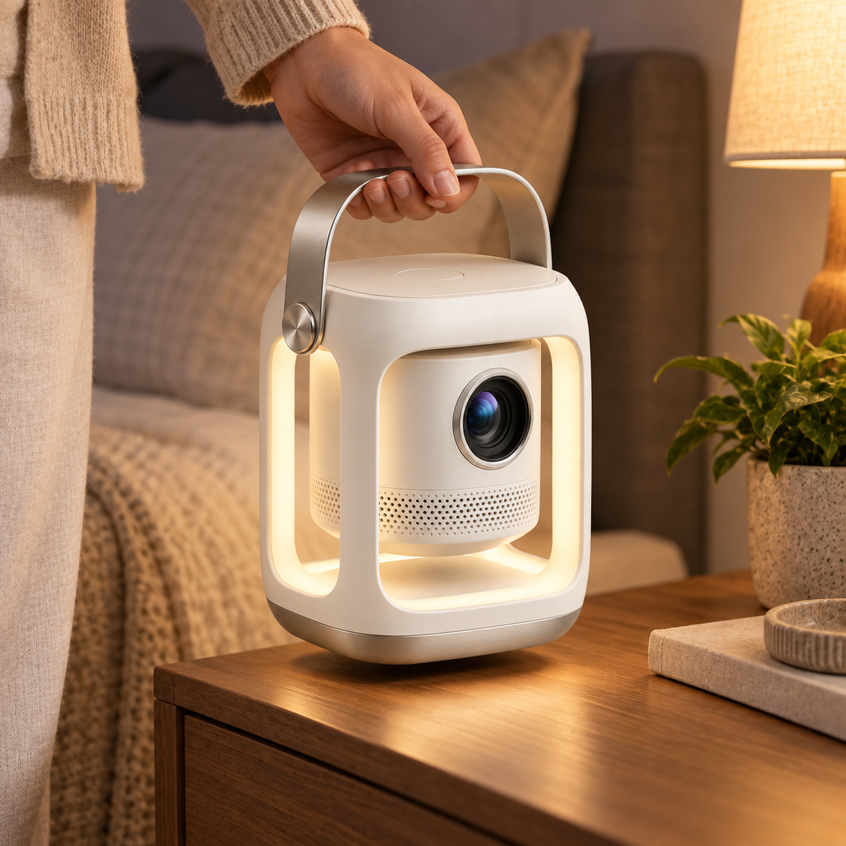 Tragbarer Mini-Projektor mit Ambientelicht – Moderner Beamer mit Tragegriff für Wohn- und Schlafzimmer
