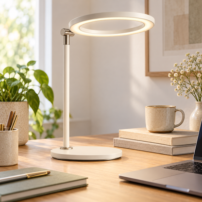 Minimalistische LED-Ring-Schreibtischlampe in Cremeweiß – Moderne Arbeitsleuchte für Büro, Lesen und Homeoffice
