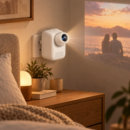 Kompakter Mini-Projektor mit integriertem Netzstecker – Platzsparender Projektor für Schlafzimmer und Wohnbereich