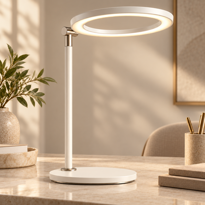 Minimalistische LED-Ring-Schreibtischlampe in Cremeweiß – Moderne Arbeitsleuchte für Büro, Lesen und Homeoffice
