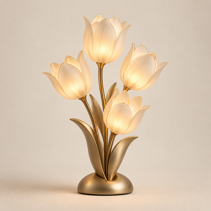 Dekorative LED-Tulpen-Tischleuchte in Goldoptik – Florale Ambientelampe mit vier Leuchtblüten