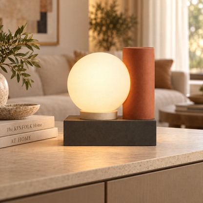 Moderne LED-Tischleuchte mit Lichtkugel – Geometrische Ambientelampe in warmen Naturtönen
