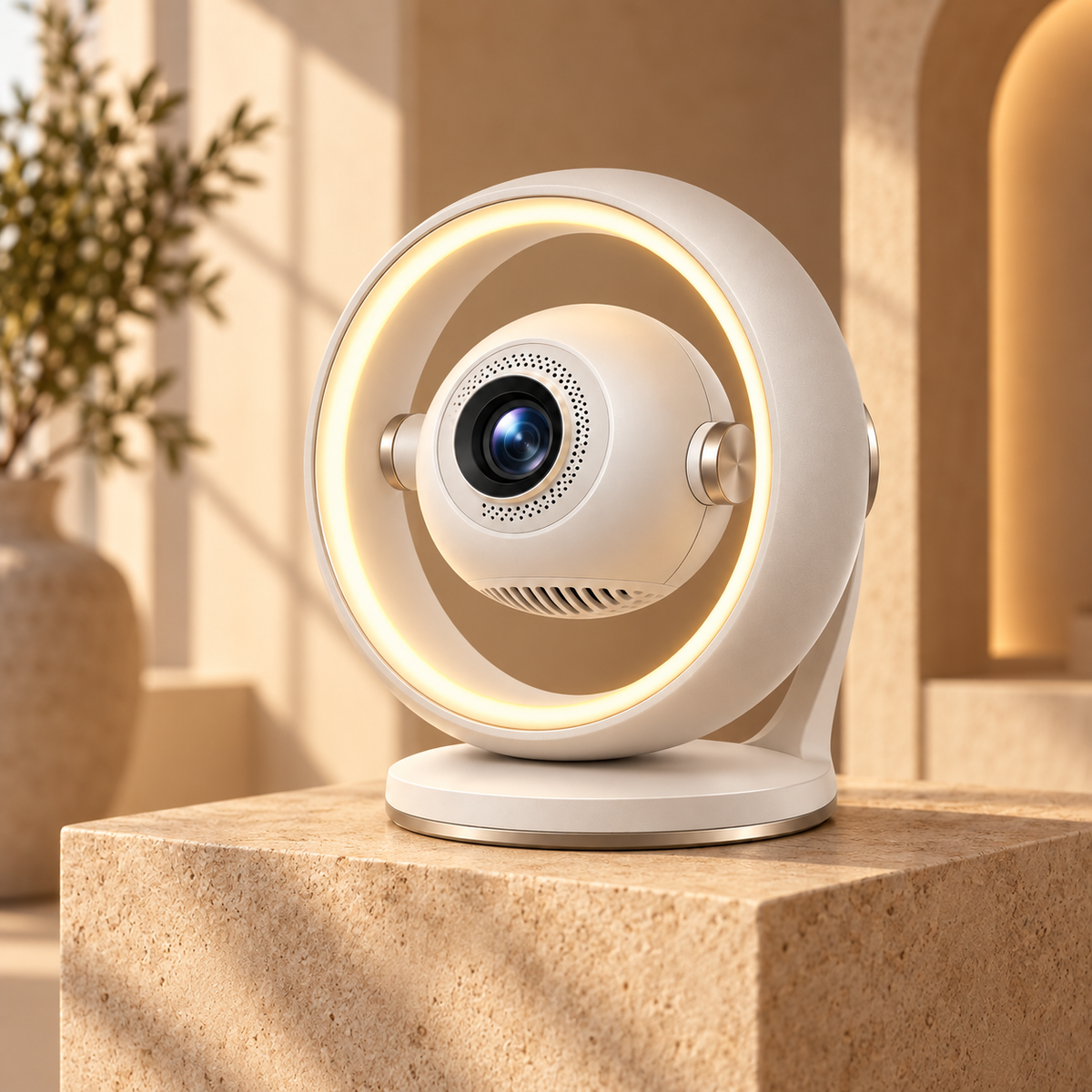 Moderner Mini-Projektor mit Ringlicht – Kompakter Heimkino-Beamer mit dekorativer Ambientebeleuchtung