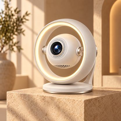 Moderner Mini-Projektor mit Ringlicht – Kompakter Heimkino-Beamer mit dekorativer Ambientebeleuchtung